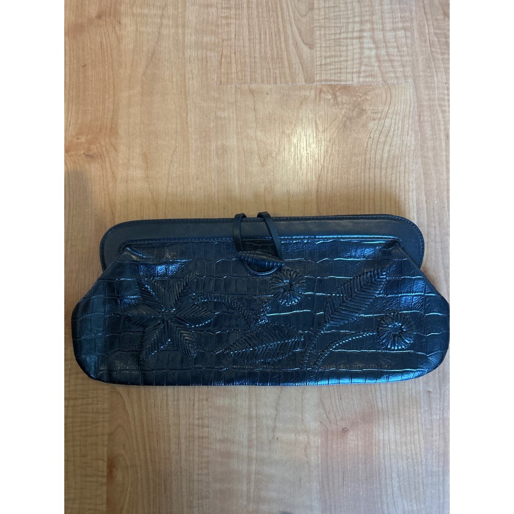 Maxx New York Black Croc Embossed Floral Embroidered Clutch Bag Turquoise Lining